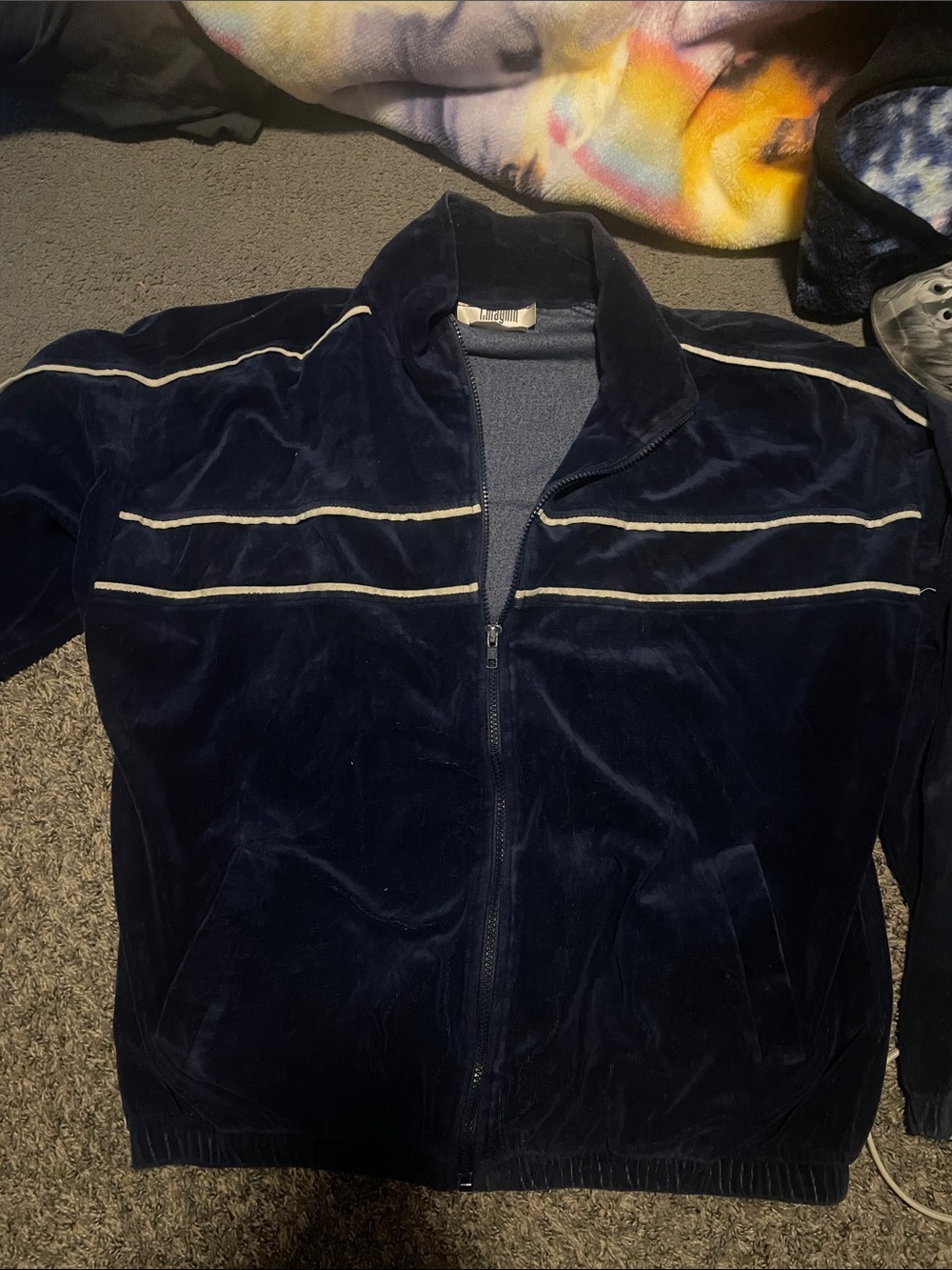 Men's Navy Vintage Velour Zip-Up Athletic Jacket with Cream Piping